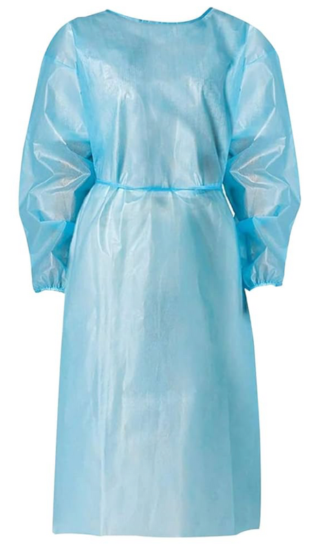 Yellow isolation gown with white elastic cuffs, fluid-resistant, disposable, and designed for healthcare and industrial use.