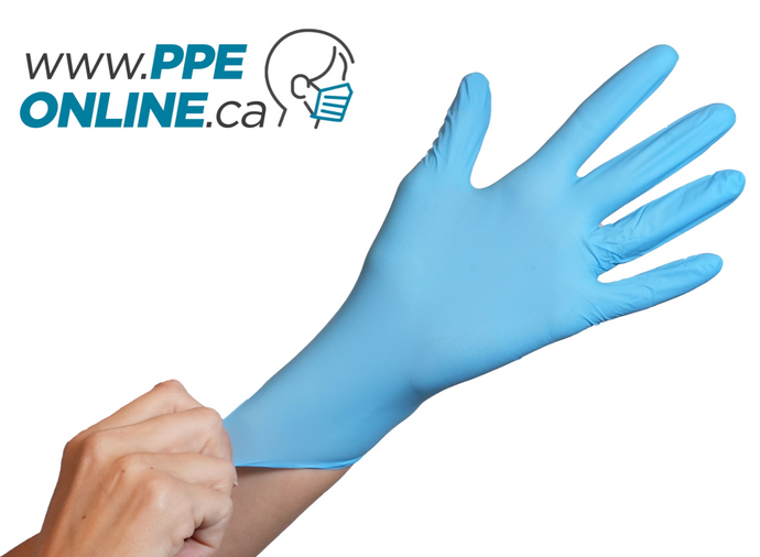 Image of a box of AdvanCare Nitrile Gloves prominently displayed, labeled for the Canadian market, ideal for medical and sanitary applications