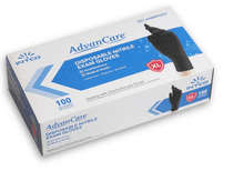 Load image into Gallery viewer, Box of 100 black Advancare nitrile gloves against a white background