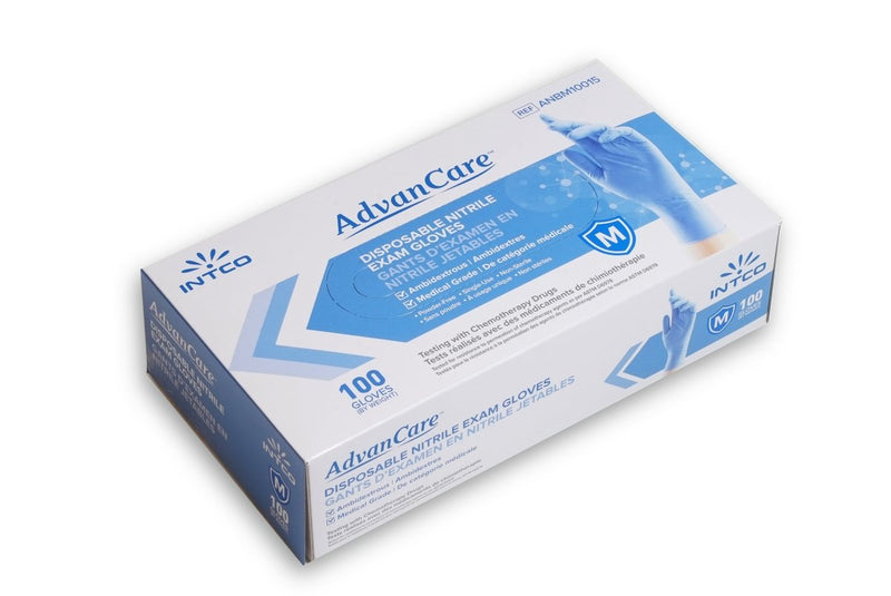 Intco Blue Nitrile Gloves boxes by AdvanCare, neatly arranged,showcasing their premium quality for medical and industrial use