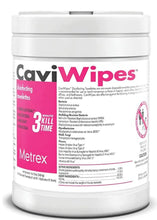 Load image into Gallery viewer, Image of a flat tub of CaviWipes disinfecting wipes, labeled with details for effective cleaning and sterilization.