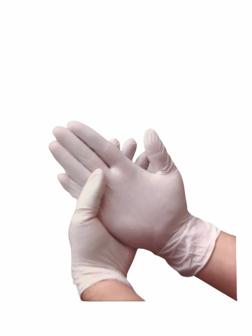 Image showing a pair of Vinyl Examination Disposable Gloves, stretched out to display their durability and texture, ideal for medical and hygiene applications.
