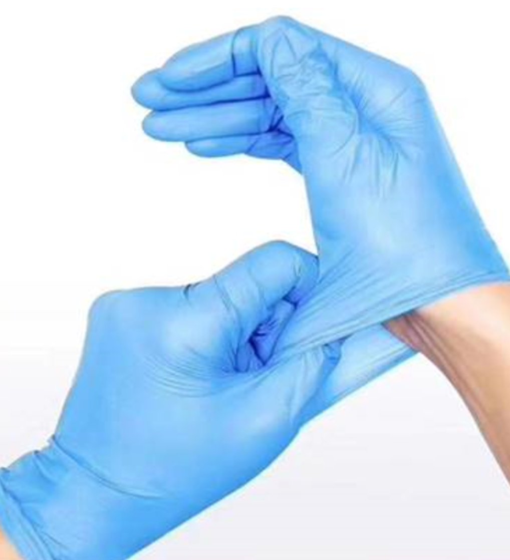 Blue nitrile gloves with textured fingertips providing a secure grip, commonly used in the medical, health, and food sectors as a protective barrier against infections and contaminants.