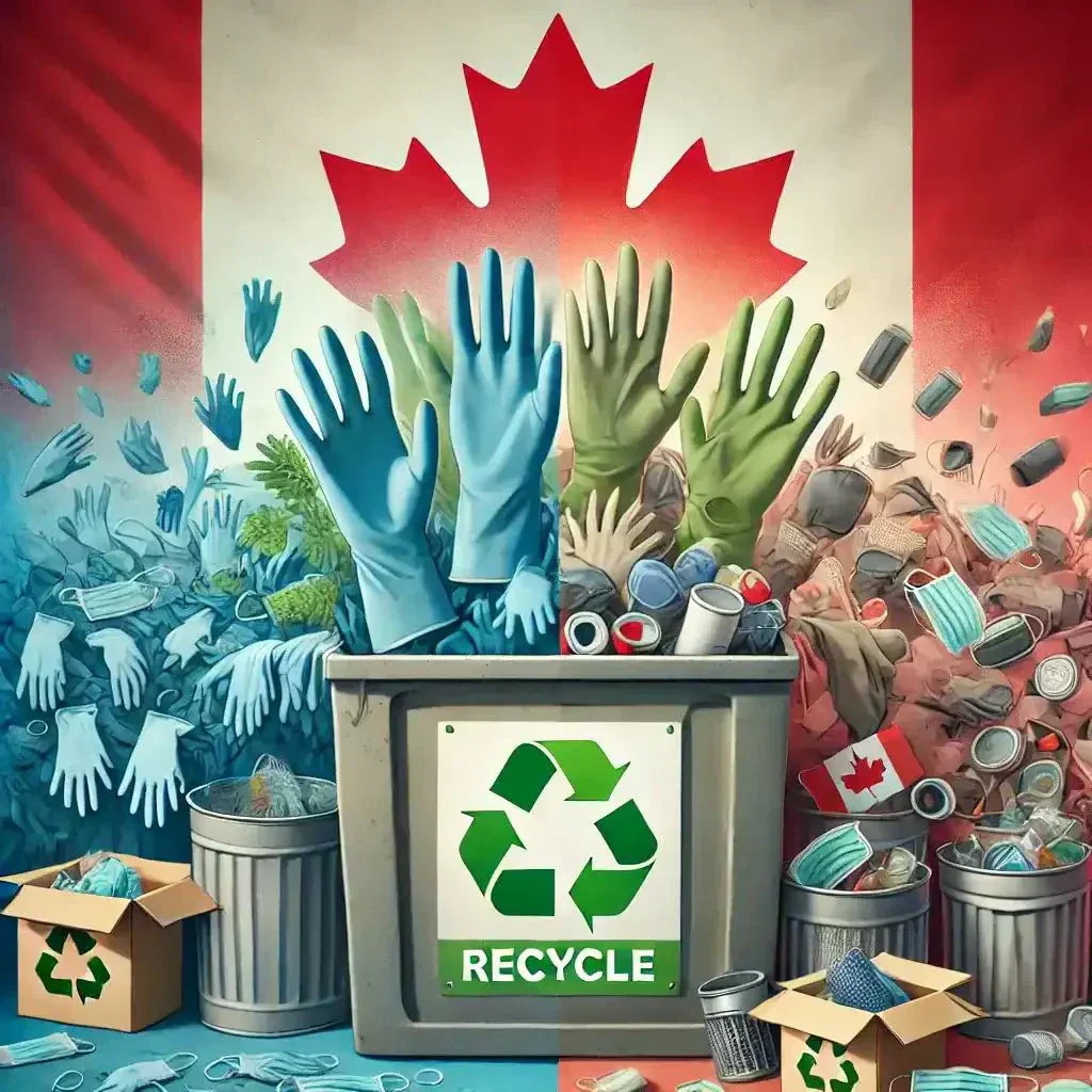 Recycling bin with vinyl gloves, showing eco-friendly alternatives vs. landfill waste, with a Canadian flag symbolizing local sustainability.