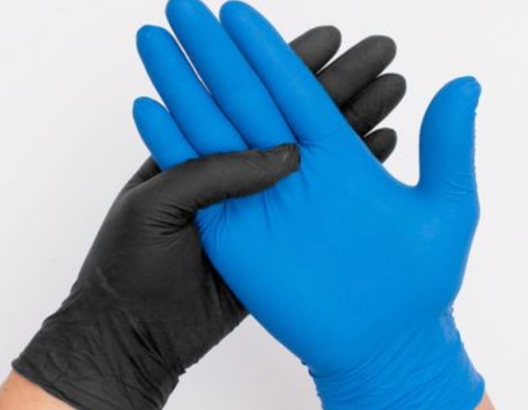 Comparing Black and Blue Nitrile Gloves stacked on top of each other