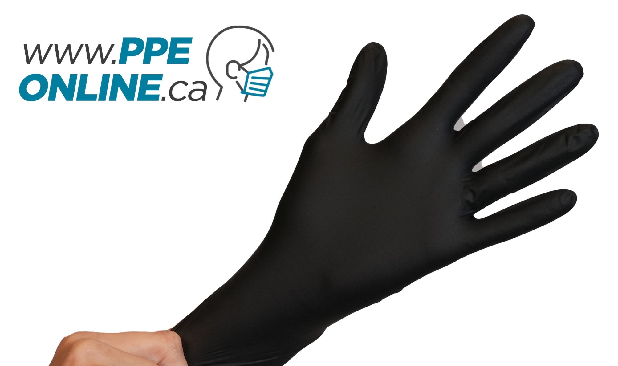 A close-up of a black nitrile 5mil glove highlighting its textured grip, with a title overlay stating "Black Nitrile 5mil Gloves: Unmatched Durability and Performance.