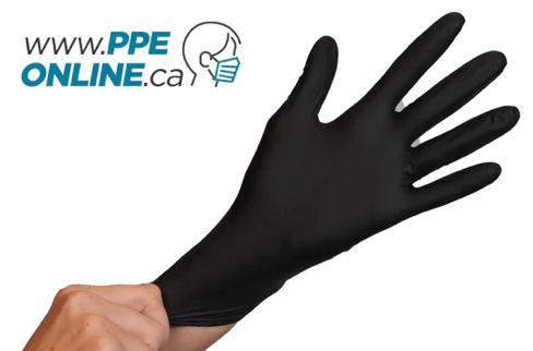 Black glove displayed prominently, designed for industrial use, highlighting its durable material and suitability for protecting hands