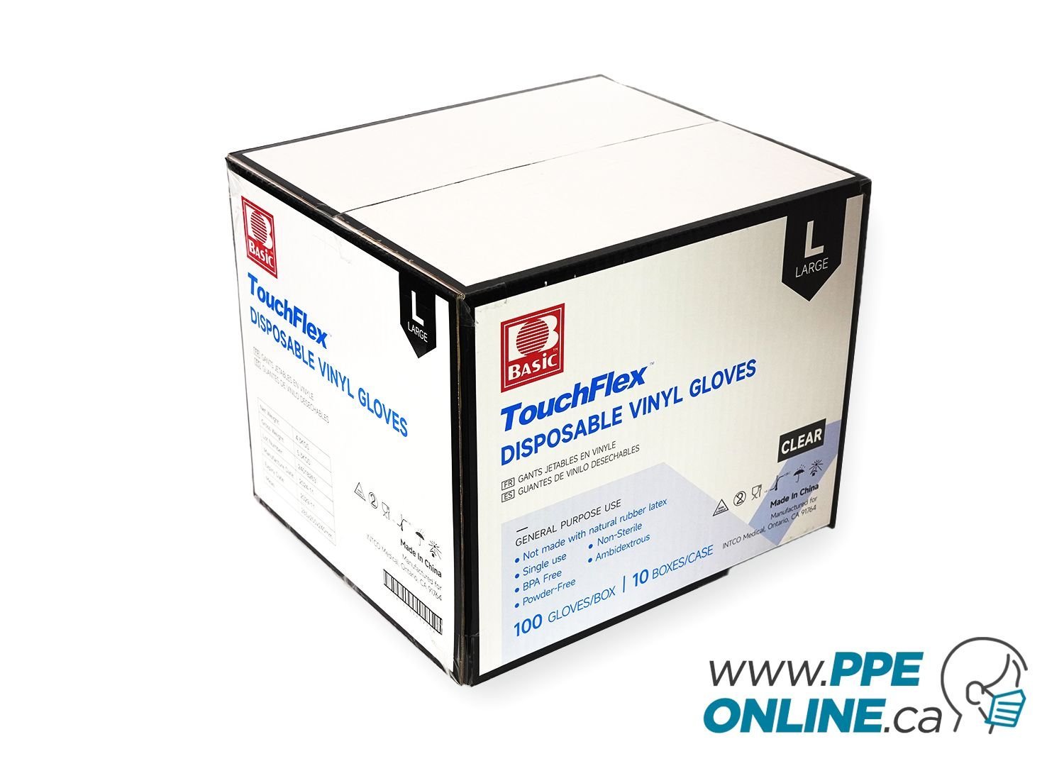 Case of vinyl gloves for PPE protection, disposable and latex-free, ideal for medical, food handling, and industrial use. Available at PPEOnline.ca