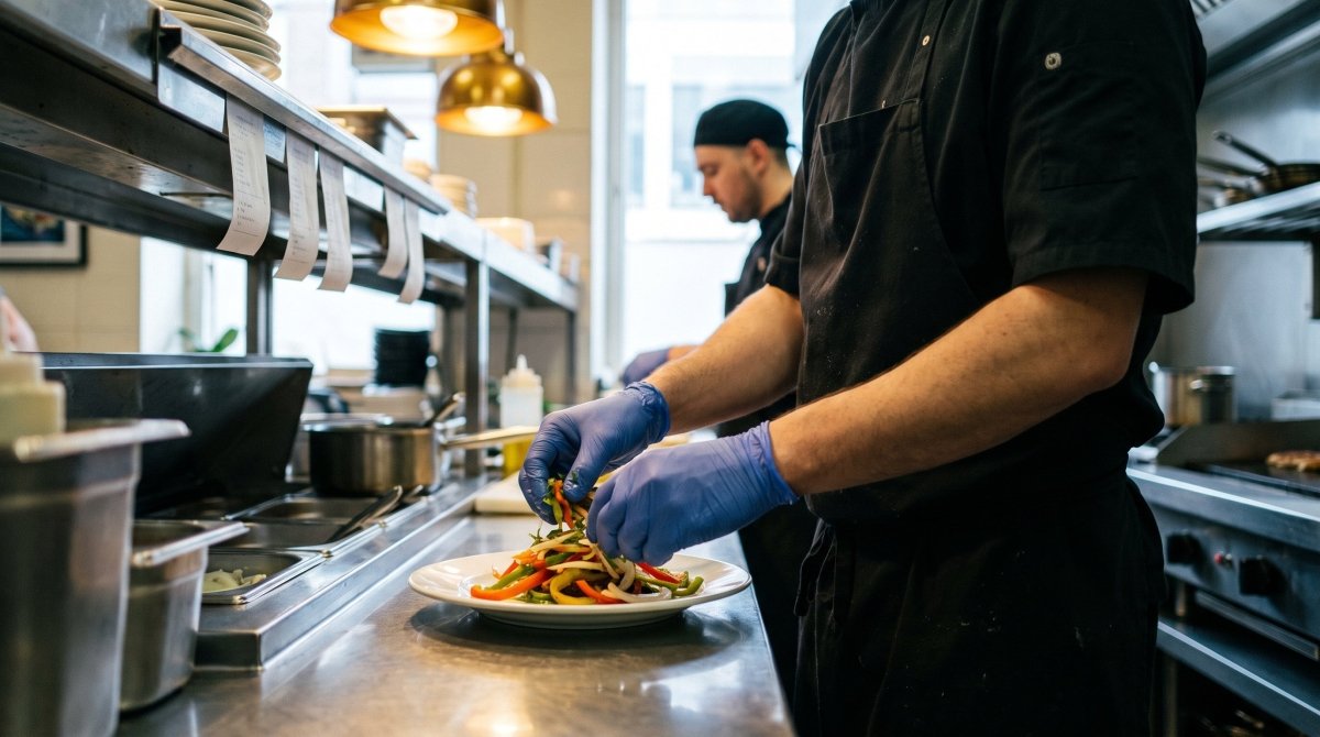 Line cook wearing blue nitrile gloves plating food in a restaurant kitchen