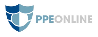 Logo of ppeonline.ca, featuring a bold, protective shield motif with the initials 'PPE' prominently displayed in modern, professional typography