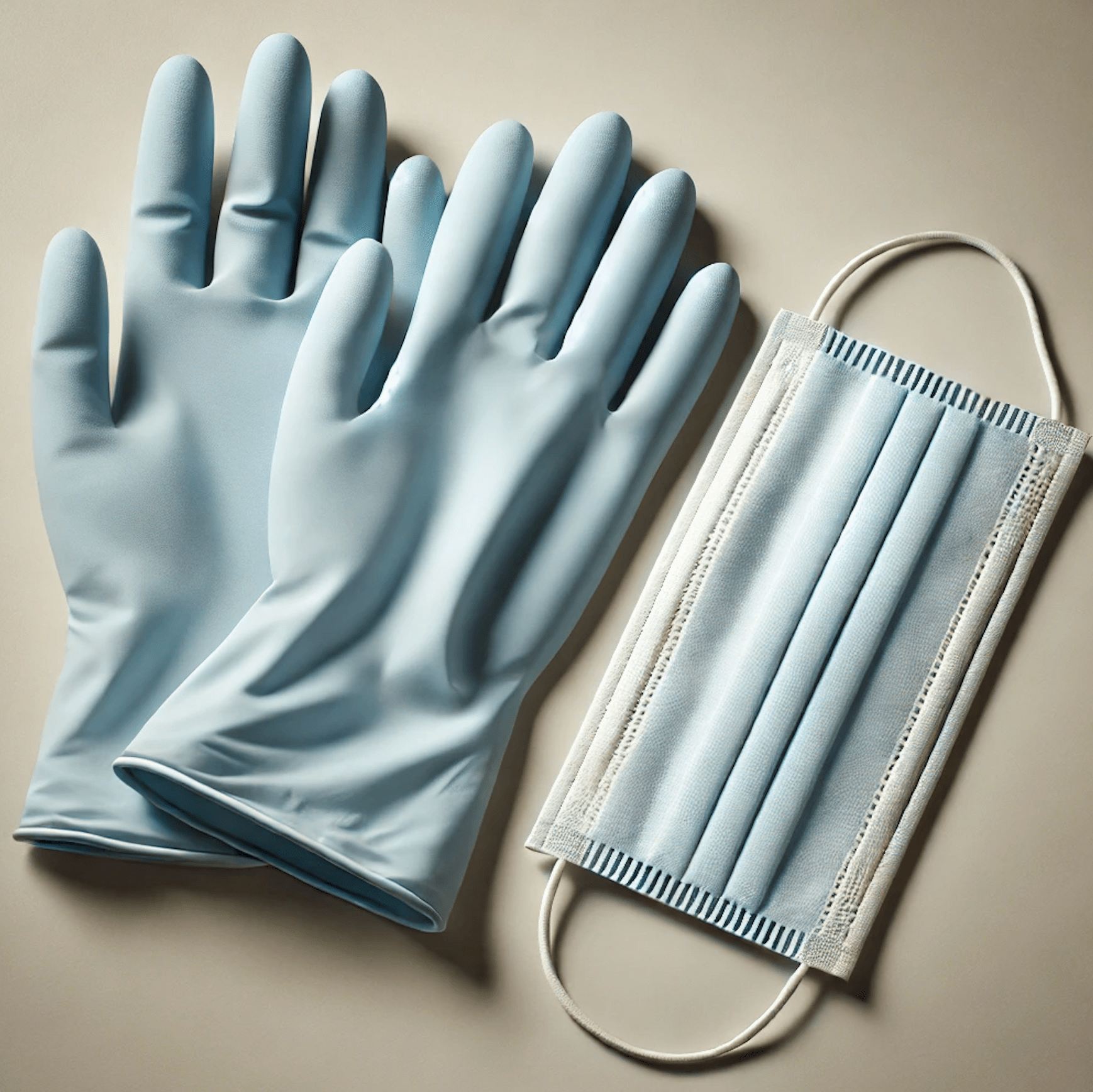 Professional image of essential personal protective equipment with a pair of gloves and a 3-ply face mask arranged neatly on a neutral background