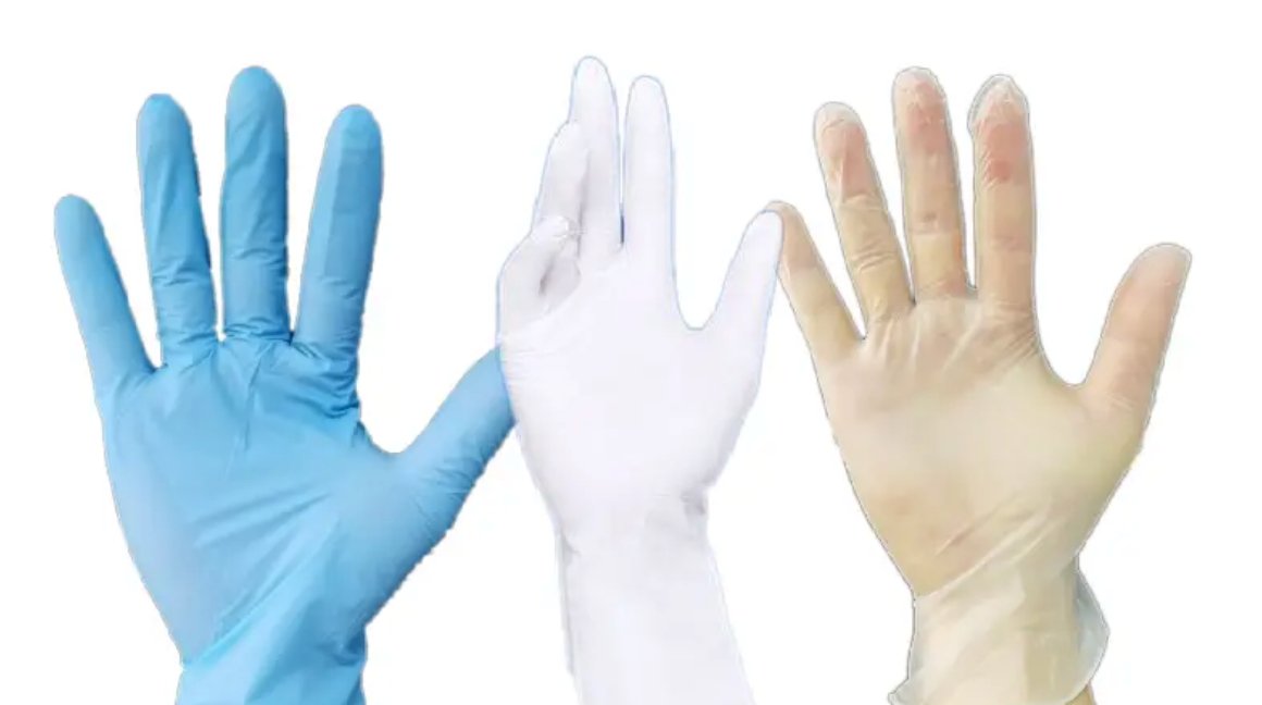 Variety of protective gloves including blue nitrile, clear vinyl, and white latex gloves arranged neatly on a clean surface, highlighting differences in material and suitability for various tasks