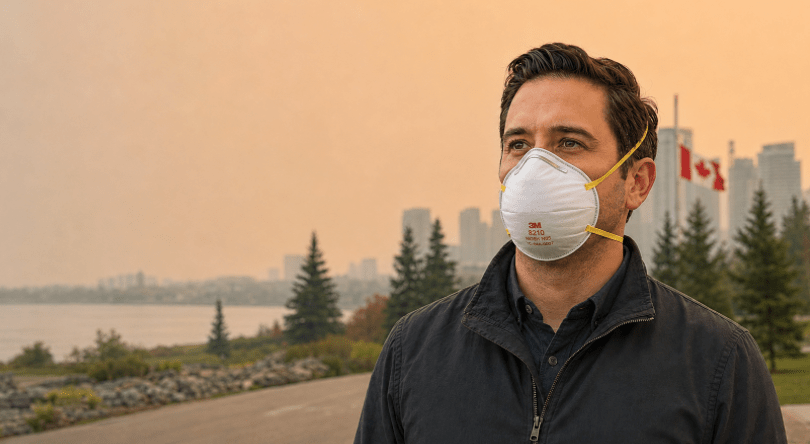 Man wearing a 3M 8210 N95 mask during Canadian wildfire smoke.