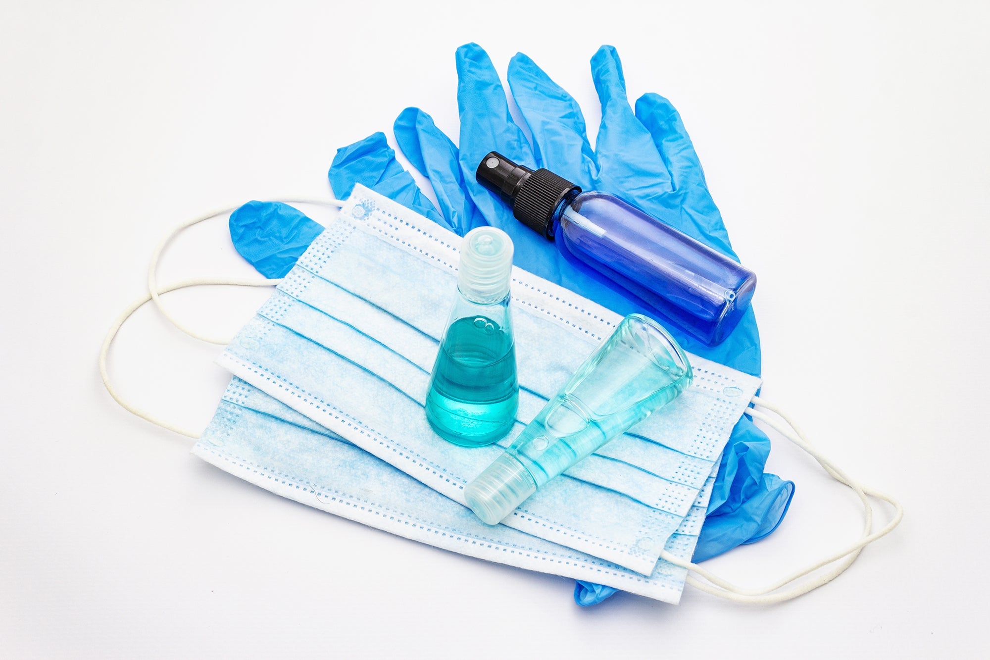 PPE supplies including masks, gloves, hand sanitizers, thermometers, and first aid kits for personal and workplace safety.