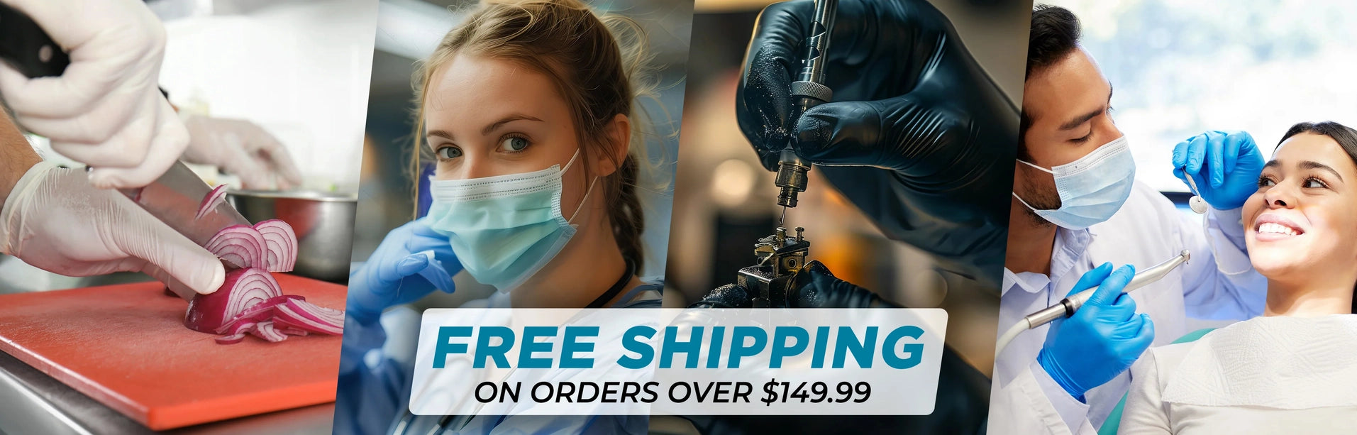 Free shipping banner with food prep, nurse in blue gloves, black nitrile glove with syringe, and dental PPE scene — PPEOnline.ca