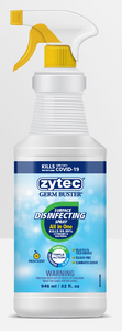 Image of a 946 ML bottle of Zytec All-in-One Surface Disinfecting Spray, featuring a clear label with usage instructions and safety information, ideal for effective cleaning and sanitization.