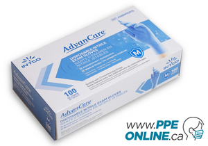 Stack of Intco Blue Nitrile Gloves boxes by AdvanCare, neatly arranged and labeled, showcasing their premium quality and suitability for medical and industrial use