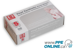 Image of a compact box containing 100 Vinyl Examination Disposable Gloves, with visible product details and usage instructions, suitable for healthcare and sanitation