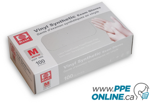 Image of a compact box containing 100 Vinyl Examination Disposable Gloves, with visible product details and usage instructions, suitable for healthcare and sanitation