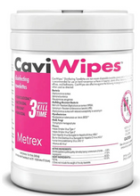 Load image into Gallery viewer, Image of a flat tub of CaviWipes disinfecting wipes, labeled with details for effective cleaning and sterilization of medical surfaces
