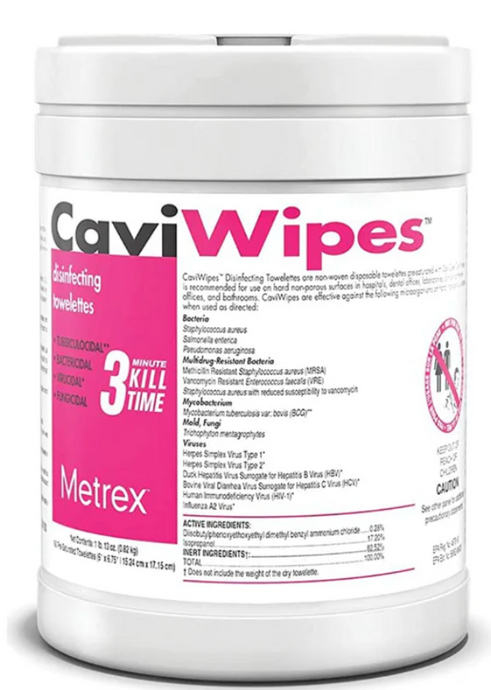 Image of a flat tub of CaviWipes disinfecting wipes, labeled with details for effective cleaning and sterilization of medical surfaces