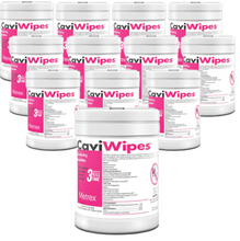 Load image into Gallery viewer, Image showing a case of 12 tubs of CaviWipes disinfectant wipes, each clearly labeled, stacked and ready for bulk distribution or large facility use
