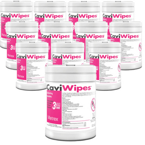 Image showing a case of 12 tubs of CaviWipes disinfectant wipes, each clearly labeled, stacked and ready for bulk distribution or large facility use