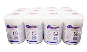 Image of a cylindrical container of 12 units of 180 Oxivir disinfectant wipes, prominently displaying the brand and quantity, designed for quick and effective surface cleaning