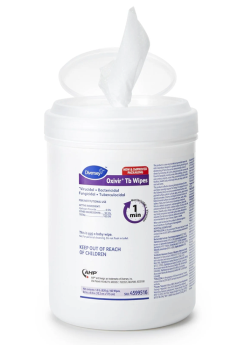 Image of a cylindrical container of 180 Oxivir disinfectant wipes, prominently displaying the brand and quantity, designed for quick and effective surface cleaning