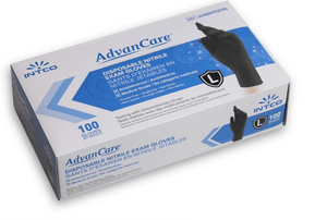 Box of 100 black Advancare nitrile gloves against a white background 