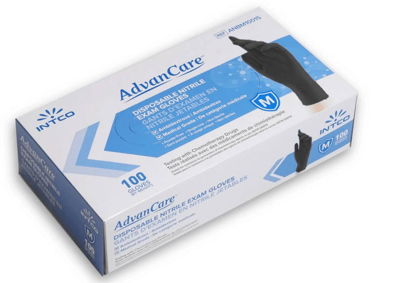 Box of 100 black Advancare nitrile gloves against a white background 