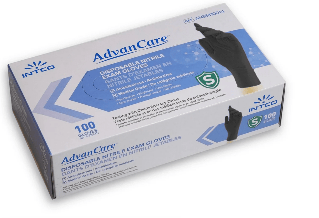 Box of 100 black Advancare nitrile gloves against a white background 