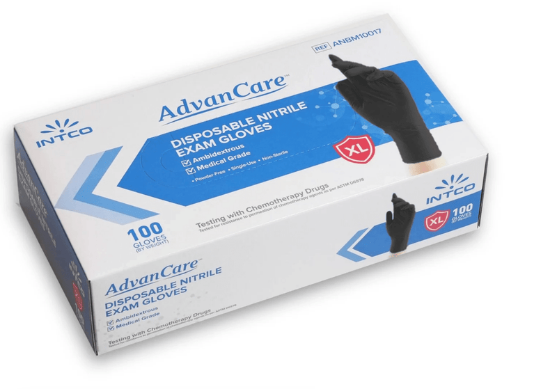 Box of 100 black Advancare nitrile gloves against a white background 