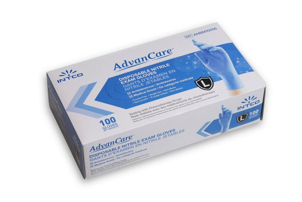 Intco Blue Nitrile Gloves boxes by AdvanCare, neatly arranged,showcasing their premium quality for medical and industrial use