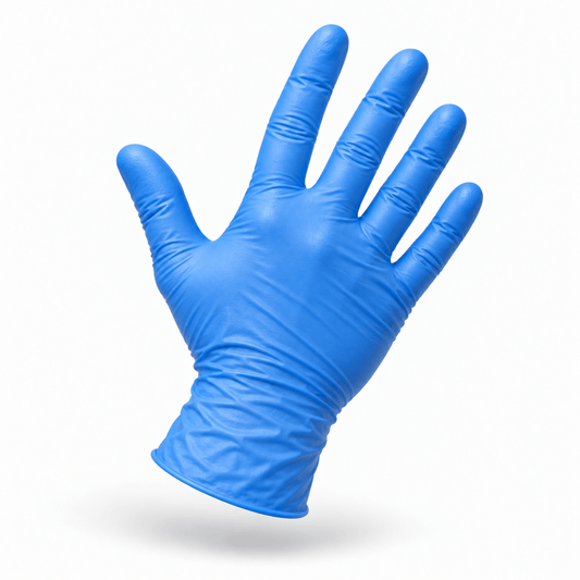 Blue nitrile powder-free glove 4 mil, back-of-hand dorsal view — latex-free, box of 100, PPE Online Canada