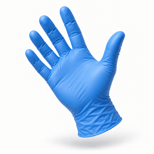 Blue nitrile powder-free glove 4 mil, three-quarter angle showing fit and finger flexibility — latex-free, box of 100, PPE Online Canada