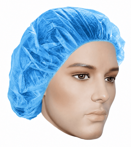 Blue hair cap bouffant on a mannequin with a white background