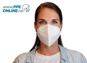 Woman wearing a KN95 mask with PPE Online logo in the top corner, representing high-quality personal protective equipment.