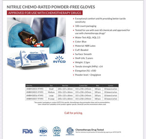 spec sheet for Blue examination nitrile gloves for medical professionals, latex-free and powder-free, made of high-quality.