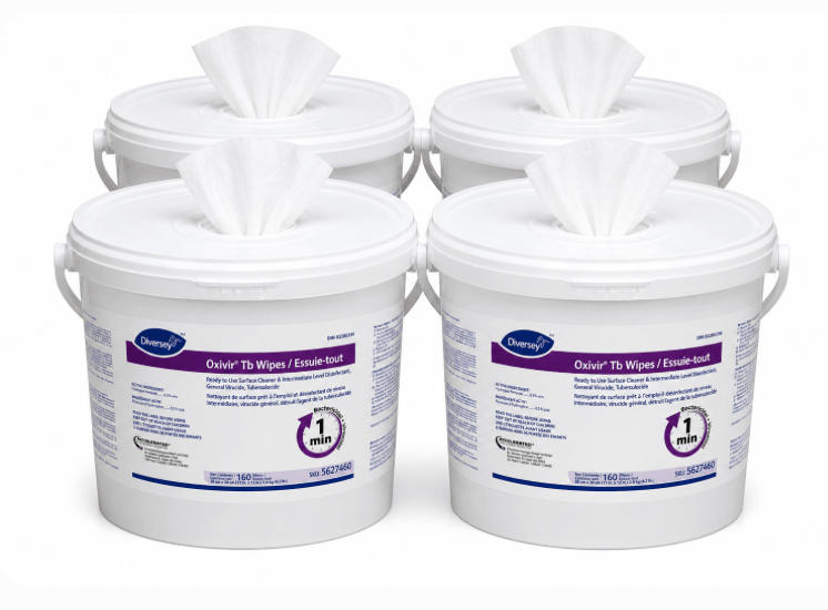 Case of 4 Oxivir TB large disinfectant wipes in white 160-count bucket with flip lid, hospital-grade 1-minute