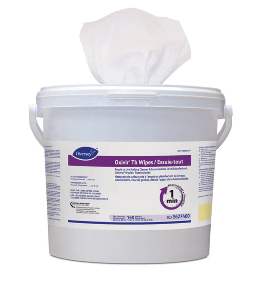 Oxivir TB large disinfectant wipes in white 160-count bucket with flip lid, hospital-grade 1-minute surface cleaner
