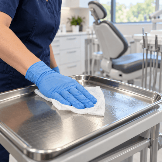 Oxivir TB disinfectant wipe cleaning a stainless steel dental tray — hospital-grade clinical surface disinfectant, PPE Online Canada