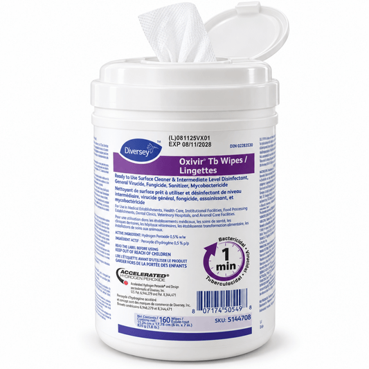 Oxivir TB disinfectant wipes 160 count canister open with wipe emerging — hospital-grade accelerated hydrogen peroxide, kills in 1 minute, PPE Online Canada
