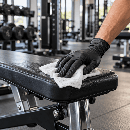 Oxivir TB disinfectant wipe sanitizing a commercial gym bench — safe for stainless, vinyl and painted surfaces, PPE Online Canada