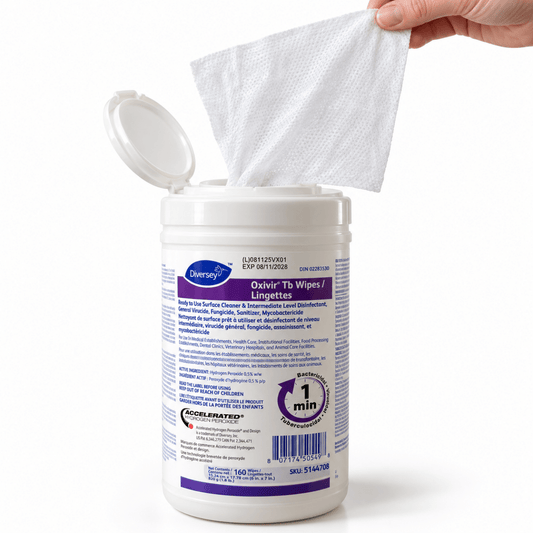 Oxivir TB large pre-moistened disinfectant wipe pulled from canister — ready-to-use AHP®, 1-minute kill time, PPE Online Canada