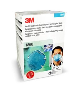 Image of a box of 3M 1860 N95 respirator mask, highlighting its secure fit and healthcare-grade protection