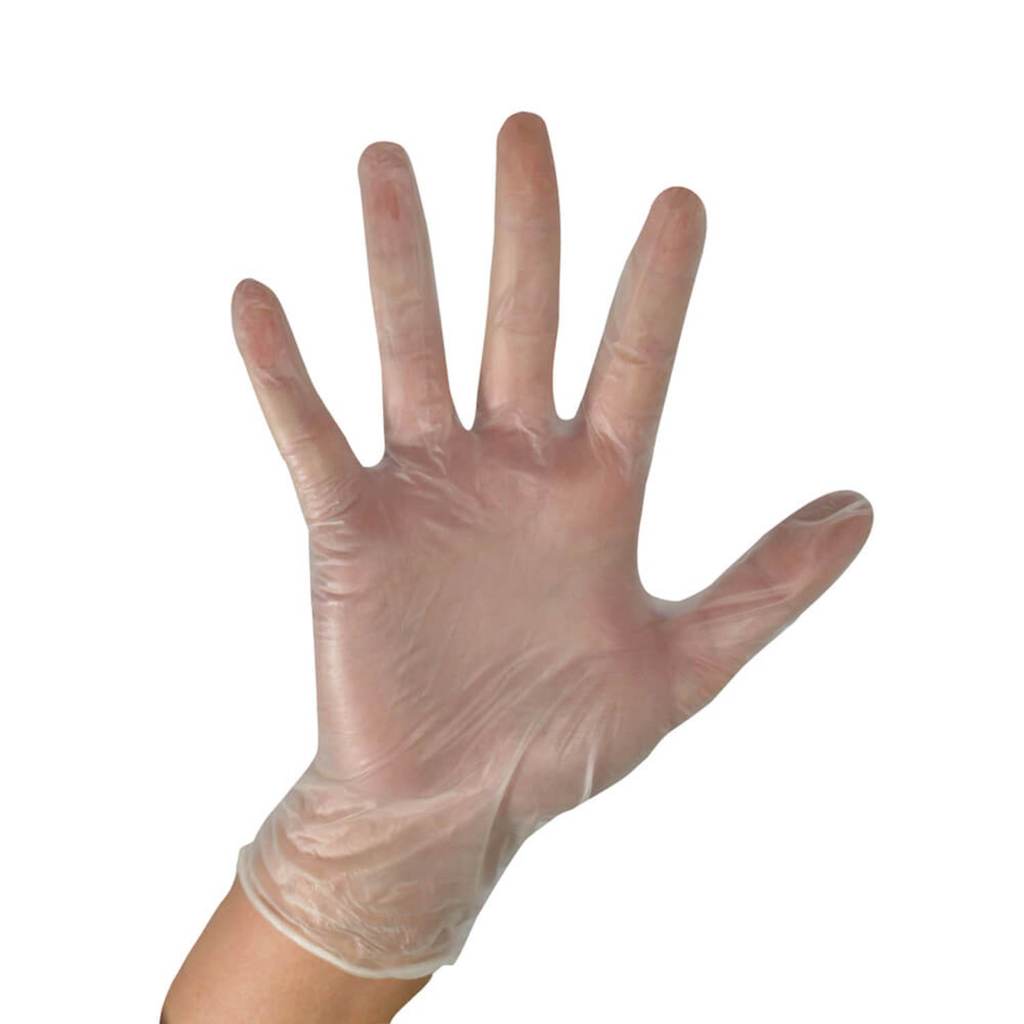 A clear vinyl glove stretched over a hand, on a hand with a white background