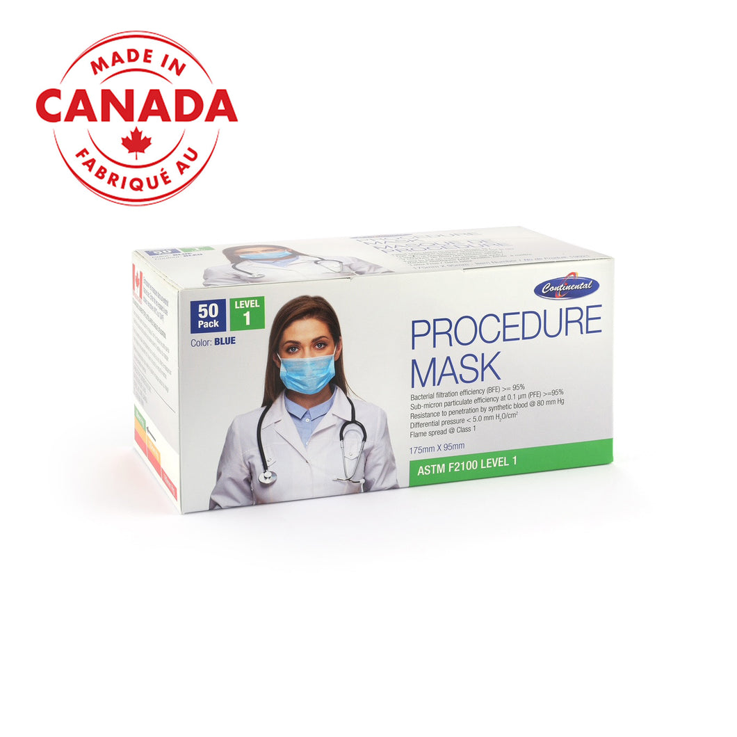 ASTM Level 1 Surgical Mask made in Canada, 50 per box, ideal for PPE use in medical settings, available for purchase online at PPE Online, your trusted source for PPE Supplies.