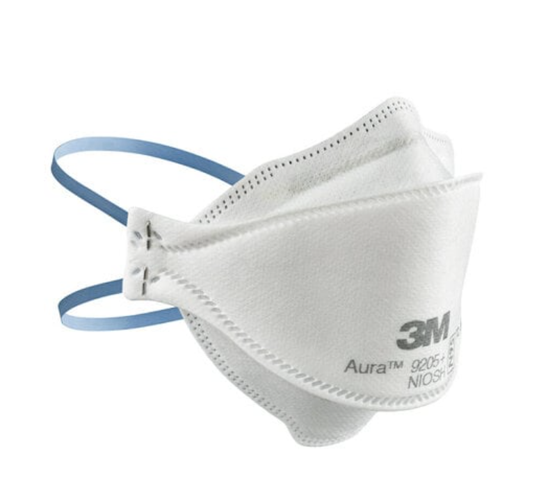 A white 3M 9205 N95 mask with a blue nose clip and ear loops, laying flat on a white background
