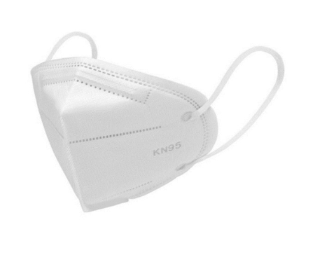 A white KN95 mask with ear loops and a metal nose strip, laying flat on a white background